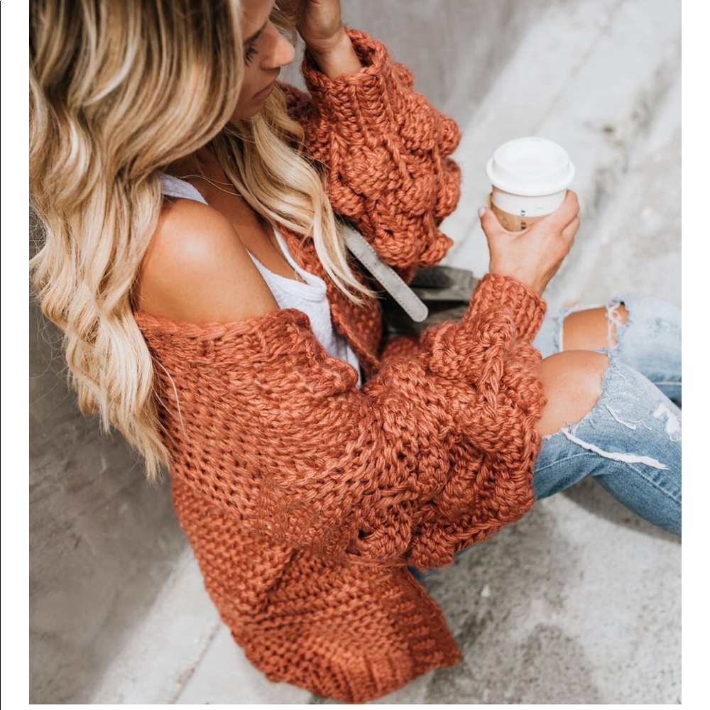 NWT Popcorn Sleeve Rust Handmade Cardigan - Picture 4 of 8
